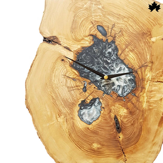 Natural Tree Slice with Silver Epoxy | Artisanal Wood Wall Clock by Fankaarlok