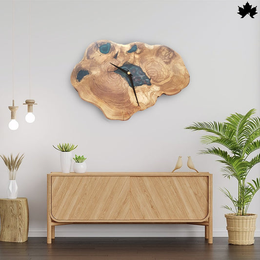Natural Live-Edge Slice with Blue Epoxy Accents | Real Wood Wall Clock by Fankaarlok