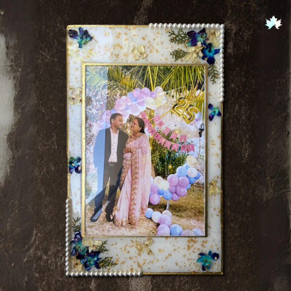 Handcrafted Cherished Moments Frame with vibrant floral inclusions and golden script