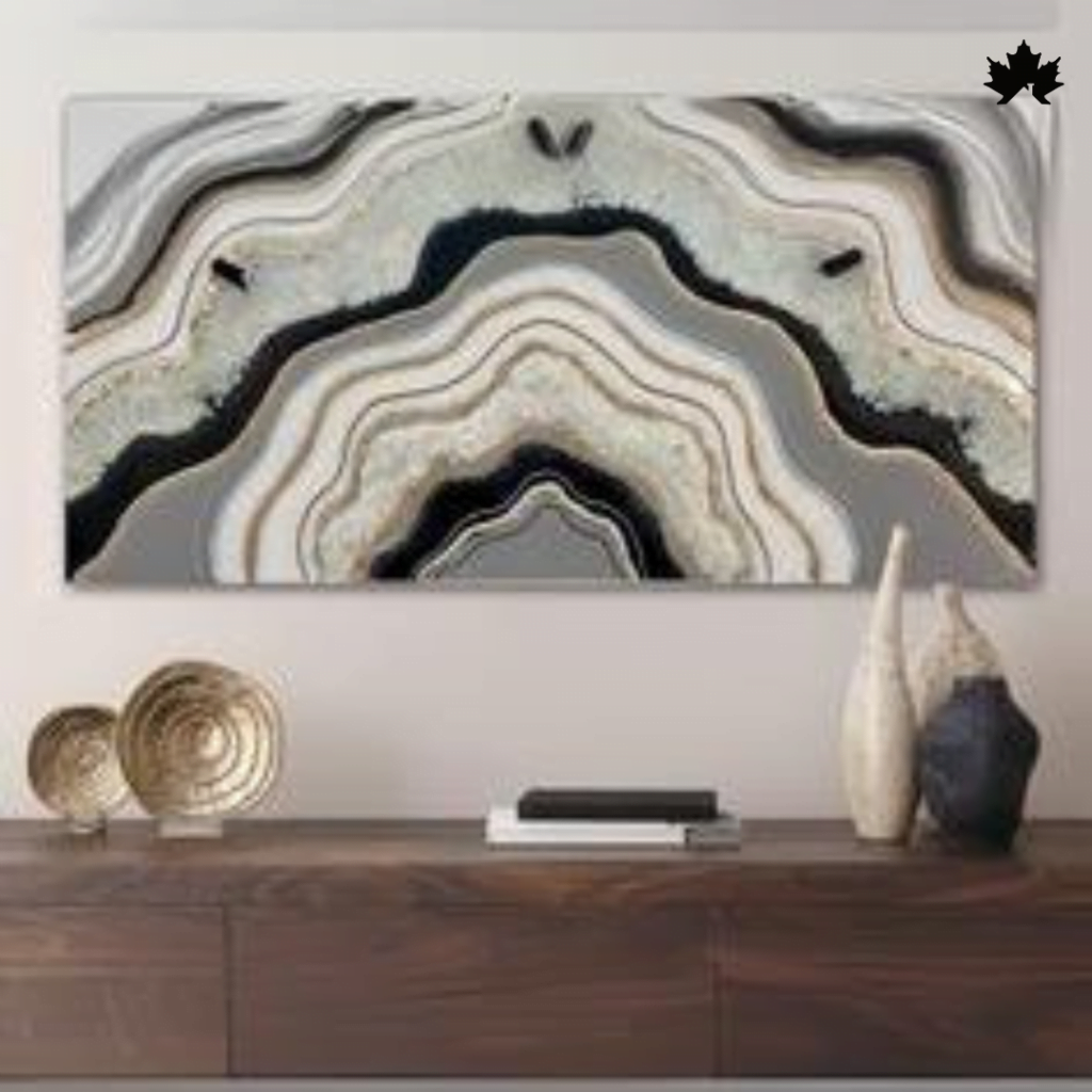 Handcrafted Mineral Veil Wall Art with bold black streaks, gold and white layers, and crystalline geode clusters