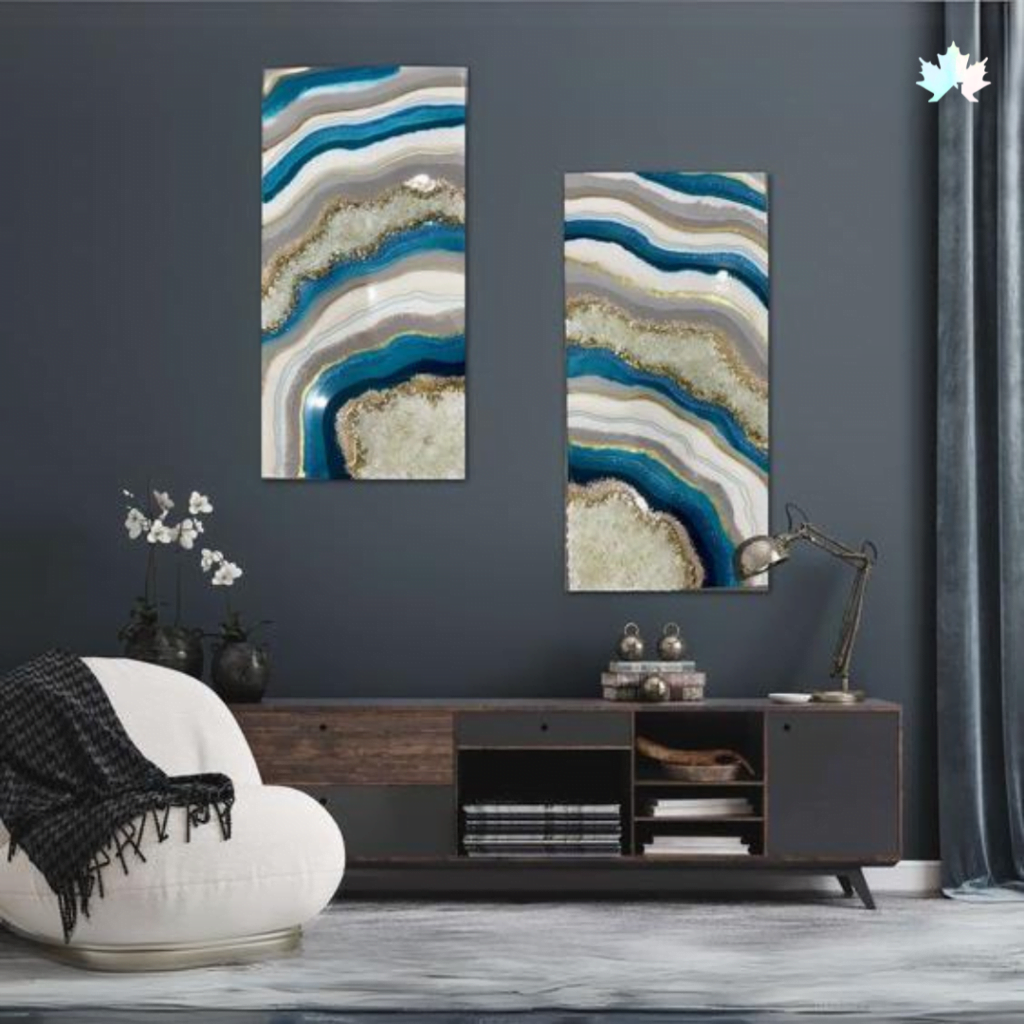 "Handcrafted Celestial Strata Art with deep blues and gold accents"