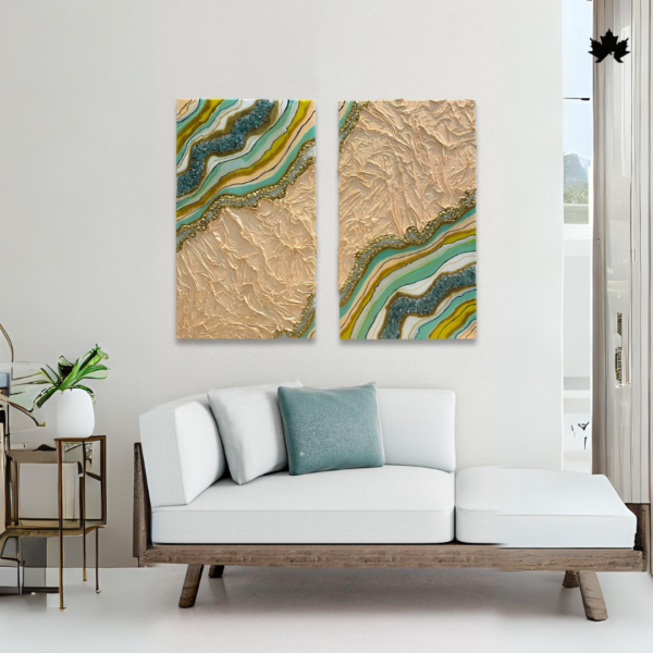 Handcrafted Sculpted Terrain Diptych with earthy textures and gold lines