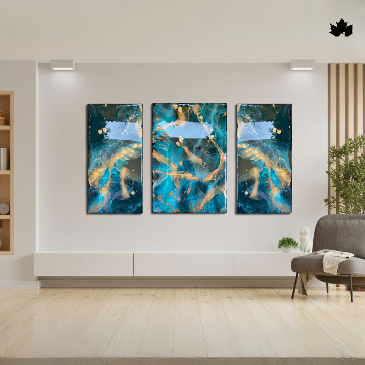 "Handcrafted Celestial Cascade Triptych with swirling azure and gold currents"