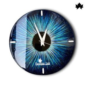 The image features the Cosmic Voyage Captivating Handcrafted Art wall clock by Fankaarlok, a captivating handcrafted piece of art. The clock showcases a dynamic design with blue radial bursts emanating from a central dark disc, resembling a cosmic explosion. The bold, contrasting colors and intricate detailing create a visually striking effect, perfect for adding a touch of modern artistry to any room.