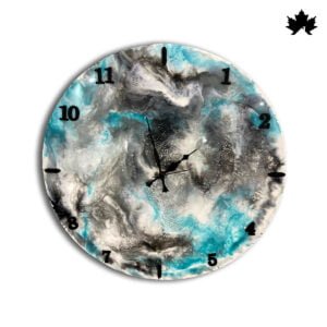 Stormy Elegance - Mesmerizing Handcrafted Art wall clock from Fankaarlok, featuring a swirling storm-inspired resin design with contrasting shades of black, white, and turquoise. The clock face is adorned with bold numerical hour markers for easy reading.