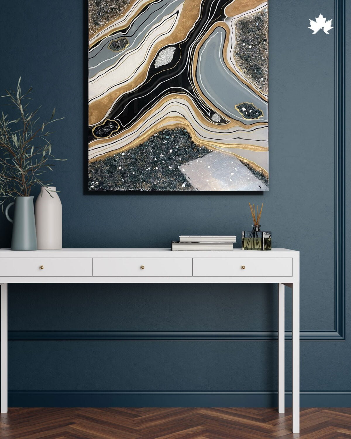 Handcrafted Golden Geode Elegance Wall Art with gold, black, and grey layers