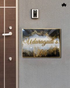 "Handcrafted Modern Monolith Nameplate with sleek golden veining and modern design"