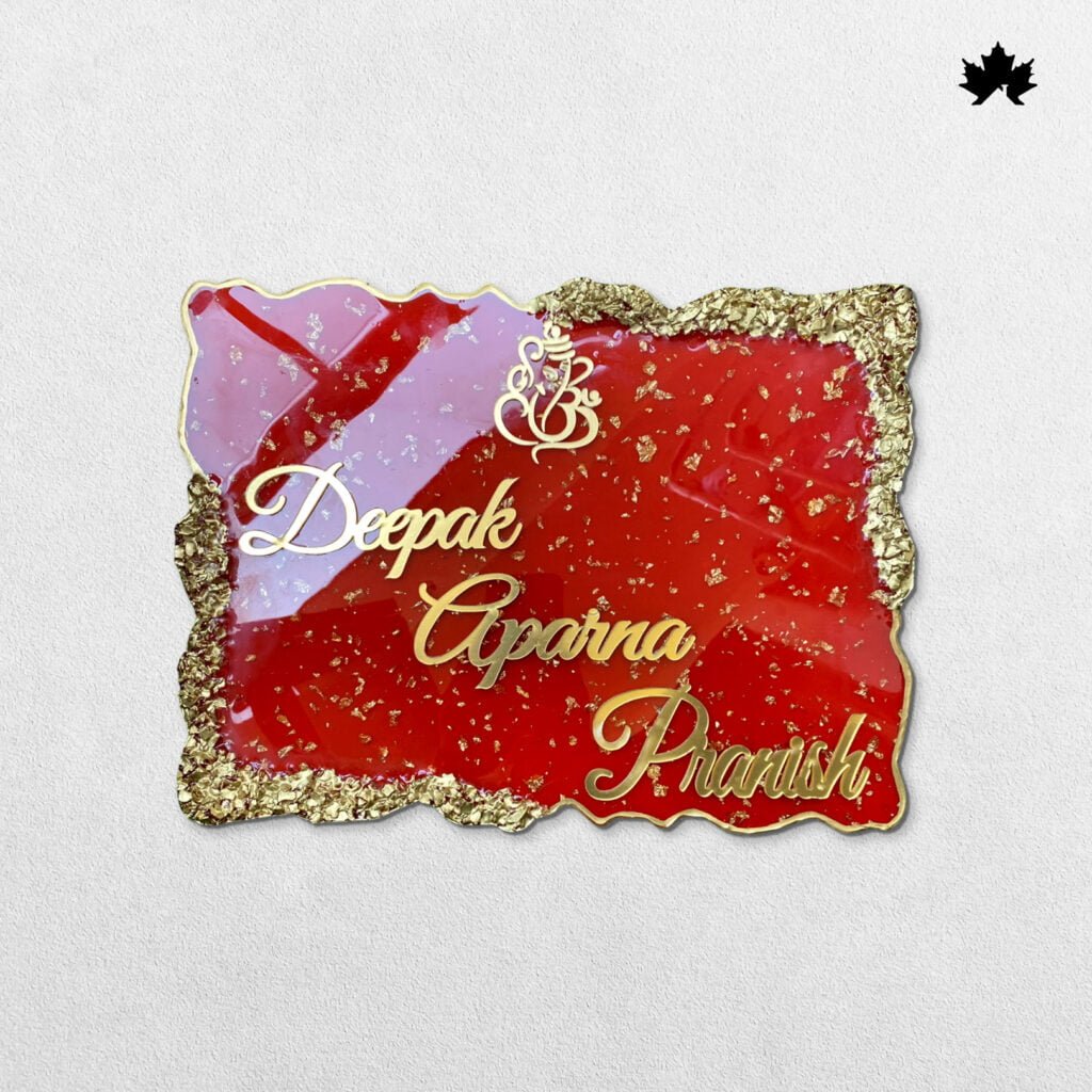 Handcrafted Crimson Crest Nameplate with luxurious crimson and gold design