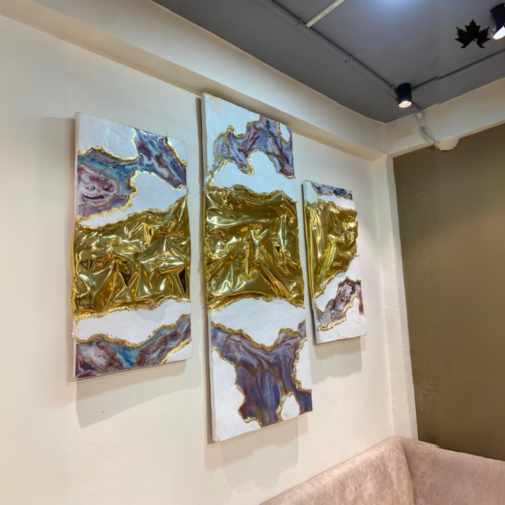 Handcrafted Abstract Geode Triptych with rich textures and metallic gold elements