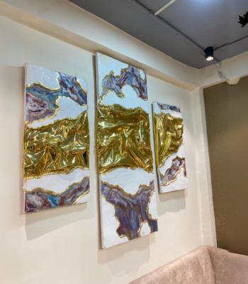 Handcrafted Abstract Geode Triptych with rich textures and metallic gold elements