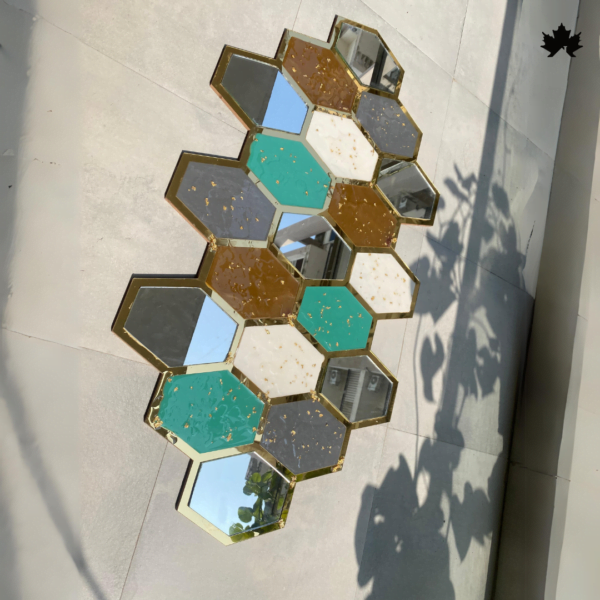 Handcrafted Honeycomb Harmony Shelves with mirror inlays and gold flake embellishments