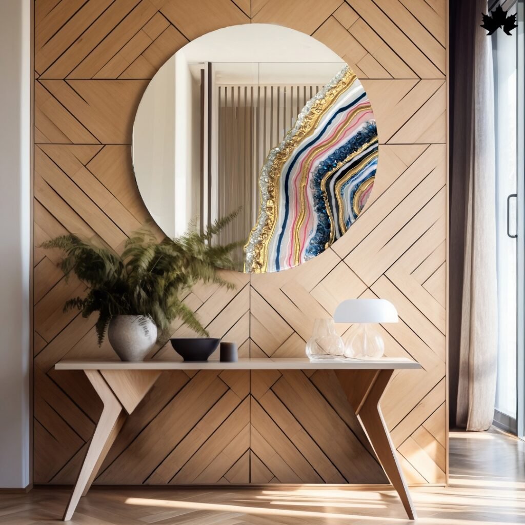 Elegant circular mirror with a unique artistic resin design partially covering its surface, featuring vibrant swirls of blue, gold, and white. Positioned above a modern wooden console table in a stylish interior with herringbone patterned walls, this mirror adds a touch of sophistication and artistic flair to the decor.