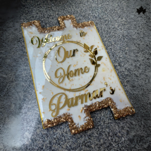 Handcrafted Golden Welcome Nameplate with lavish gold-leafed border and elegant lettering