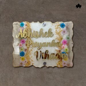 Handcrafted Blossoming Abode Nameplate with vibrant floral and golden design