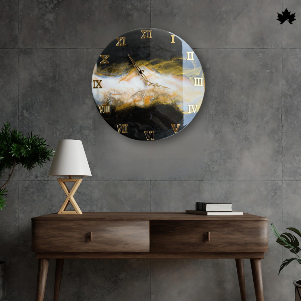 Handcrafted Midnight Marbling Wall Clock with marbled black, white, and gold design