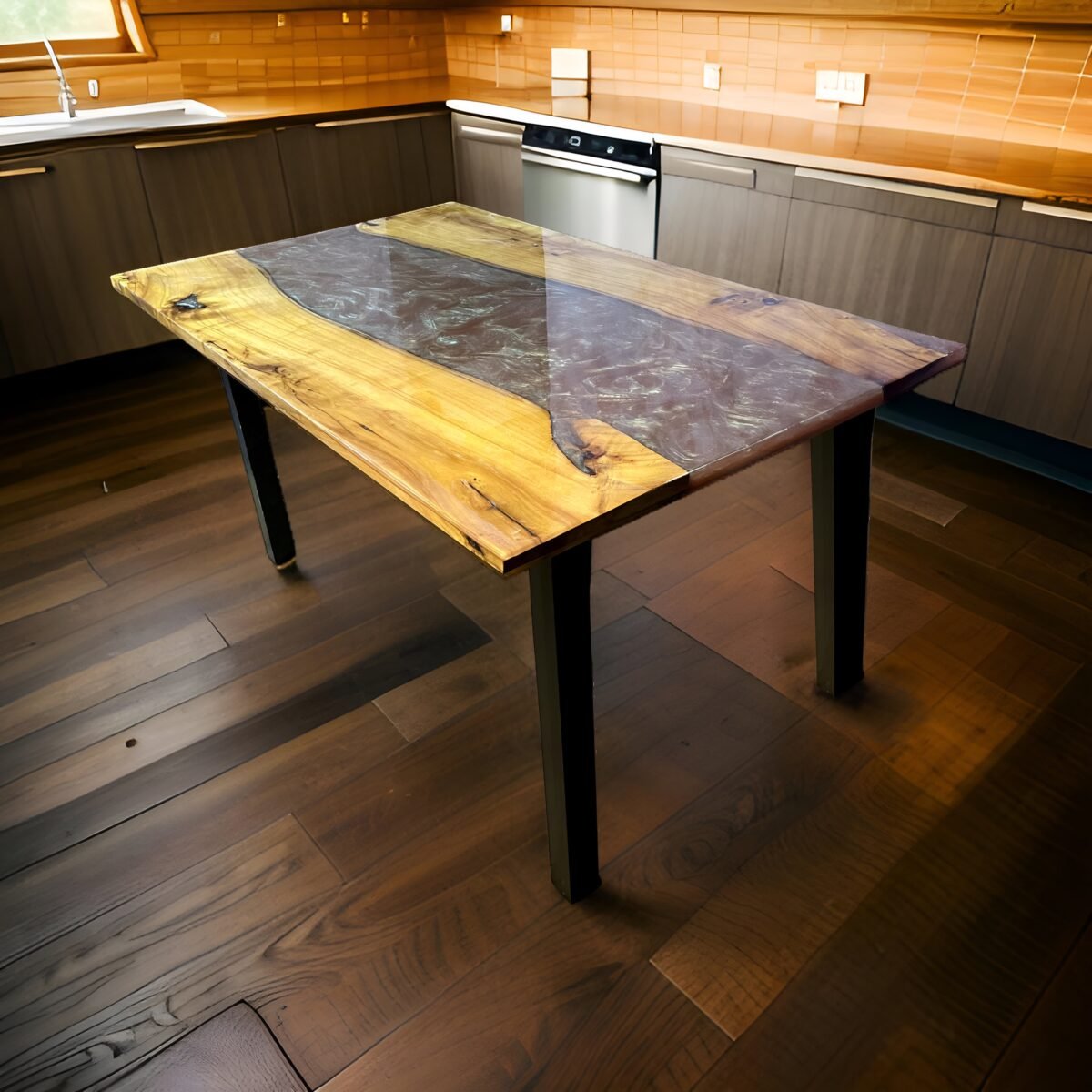 Elegant rectangular dining table showcasing a unique blend of natural wood and dark grey resin, creating a striking river design. The table is supported by solid black legs, providing a strong foundation. This piece is set against a kitchen backdrop with warm wooden flooring and copper-toned cabinetry, emphasizing the table's rustic yet modern appeal, perfect for a contemporary home that values artful craftsmanship and functional design.