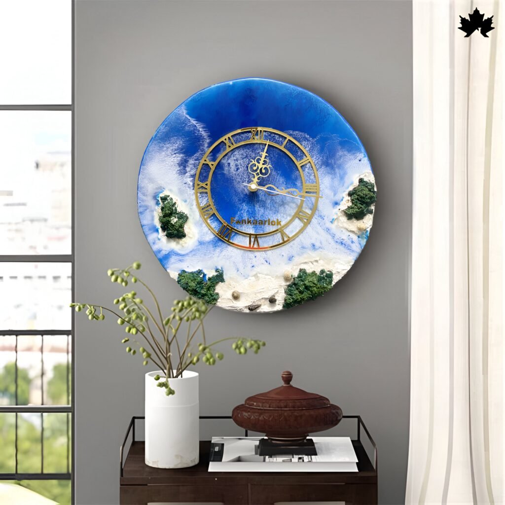 A captivating wall clock named Ocean Wave - Nature Inspired Clock by Fankaarlok. Featuring a vibrant blue resin art design resembling ocean waves, adorned with naturalistic green elements and a golden Roman numeral frame in the center. Perfect for adding a serene and artistic touch to home decor.