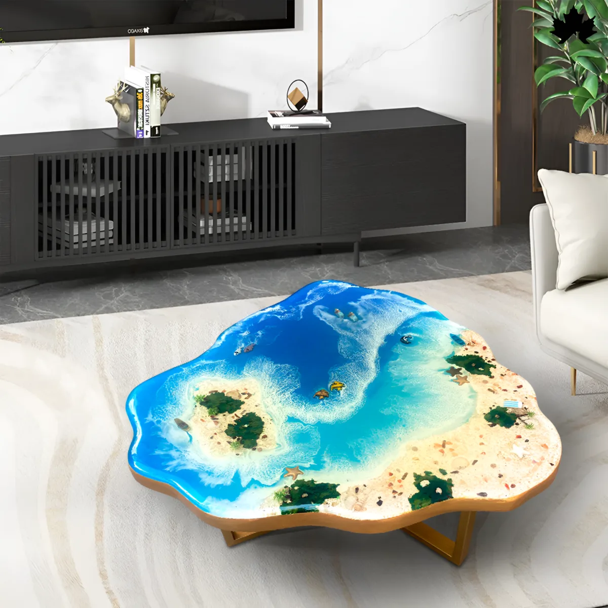 Innovative Handcrafted Coastal-Themed Coffee Table designed to resemble a miniature island with vibrant blue epoxy water surrounding sandy beaches and lush green foliage. The unique tabletop sits atop natural wooden legs that complement its freeform, island-like shape, creating a striking centerpiece in a modern living room with a sleek white sofa and minimalist decor.