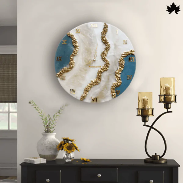 Golden Serpentine - Luxurious Handcrafted Art Wall Clock by Fankaarlok, featuring an elegant golden swirl design on a soothing blue background, accented with Roman numerals for a classic touch.