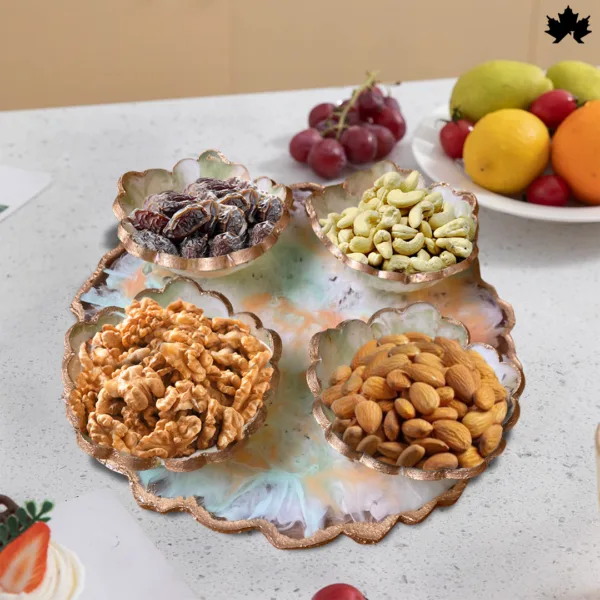Marble Grace 10-Inch Platter with 4 Attached Bowls for Snacks & Puja Rituals