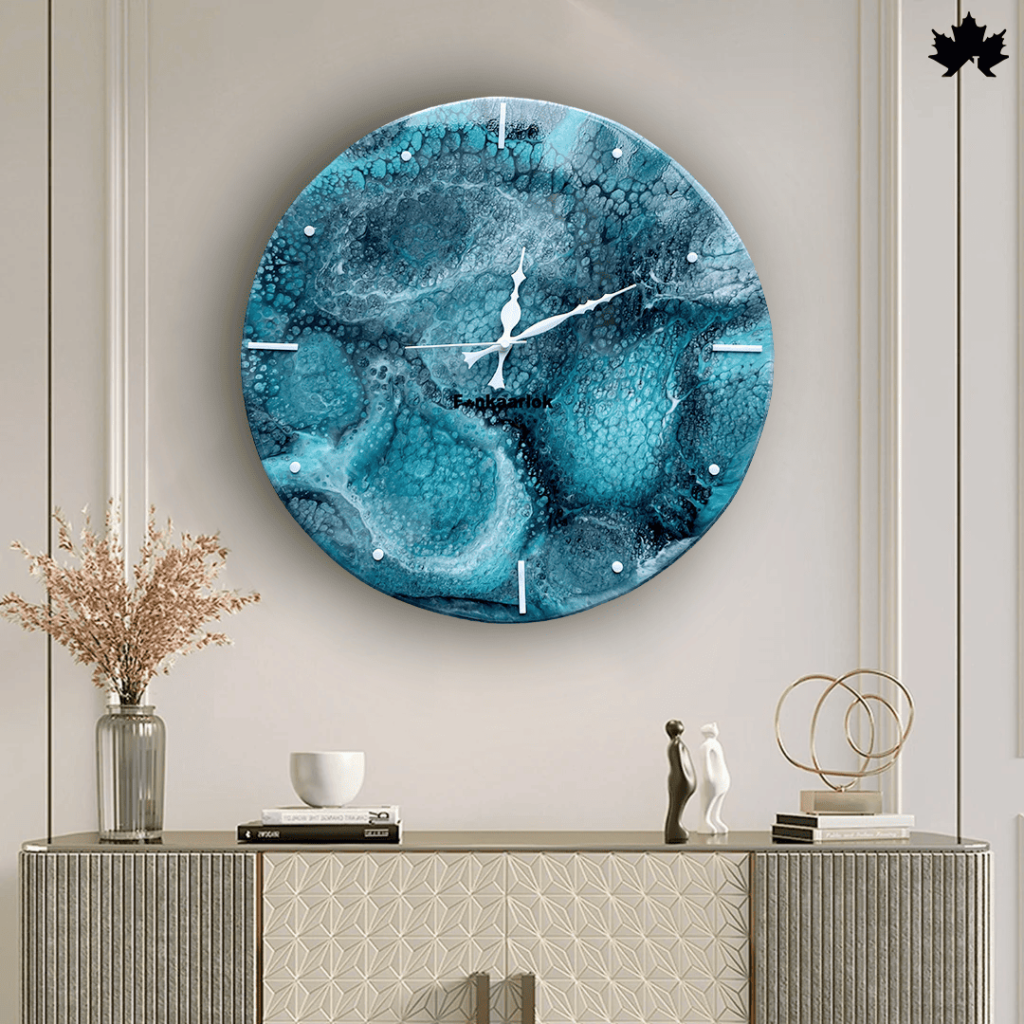 Oceanic Whisper - Unique Designer Wall Clock by Fankaarlok, featuring a stunning abstract design with swirling blue and teal patterns, resembling a serene underwater landscape.