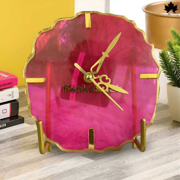 Chic Cerise Quartz Modern Designer Clock featuring vibrant pink resin art and modern gold accents, set in a uniquely shaped and designed case, ideal for adding a pop of color and style to any room. This designer clock by Fankaarlok combines functionality with aesthetic appeal, perfect for contemporary interiors.