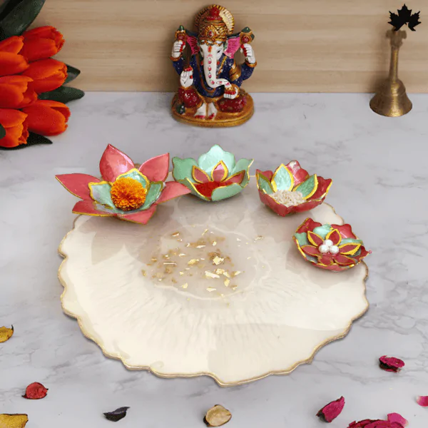 Serene Devotion Pooja Thali- 8-Inch with 4 Lotus Bowls