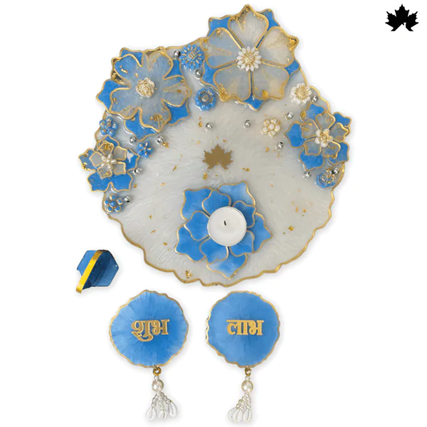 Celestial Blue Devotion Set: Pooja Thali, Shubh Laabh & Diya Holder