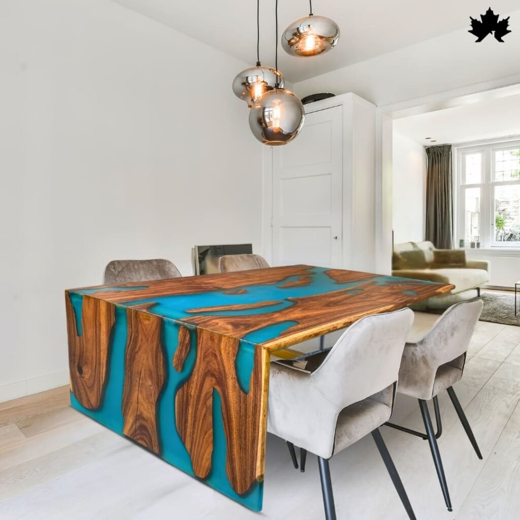 Chest of Drawerscombining natural wood and vibrant turquoise resin to create a unique river table design. Set in a contemporary dining room with grey upholstered chairs and modern spherical hanging lights. This artistic table not only serves as a functional piece but also as a focal point, enhancing the minimalist decor of the space.