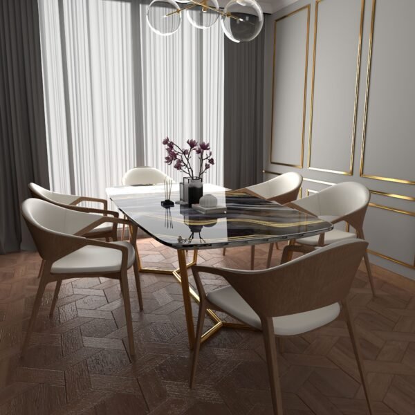 Contemporary dining table with a rectangular glass top, showcasing artistic resin streaks in neutral and black tones. Surrounded by mid-century modern wooden chairs with cream upholstery, the table is set with a minimalist centerpiece featuring flowers and decorative objects. This elegant setting combines functionality with a sleek design, perfect for modern dining rooms.