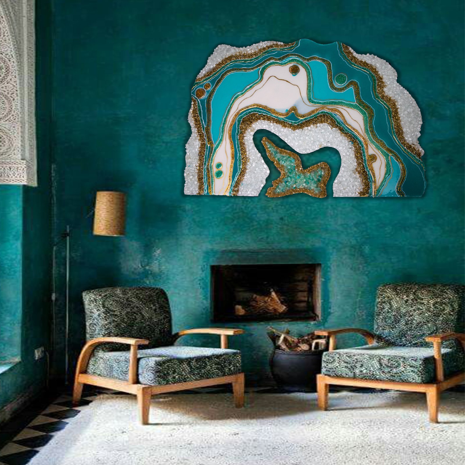 Striking wall decor piece featuring a large, abstract resin art installation in shades of turquoise, white, and gold, mounted on a vibrant teal wall above a modern fireplace. The artwork's intricate layers and shimmering accents complement the room's bold color scheme and stylish wooden armchairs with patterned cushions, creating an eye-catching focal point in a contemporary living space.