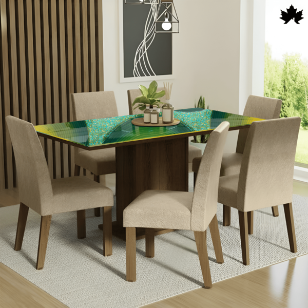 Luxurious Resin dining table featuring a unique resin design with vibrant green and sparkling turquoise accents, supported by a sturdy walnut base, elegantly blending natural wood textures with colorful artistry.