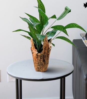 A Unique Plant Holders featuring a textured gold and dark blue finish, positioned on a gray round table. This stylish and contemporary vase enhances the vibrant green leaves of the Dieffenbachia plant it hosts, ideal for adding a touch of luxury to any modern living space.