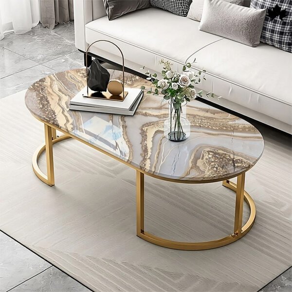 Elegant oval marble luxury design coffee table featuring a smooth, marble-like resin top with swirls of gray and white, accented by a striking gold frame, placed in a stylish, modern living room setting.