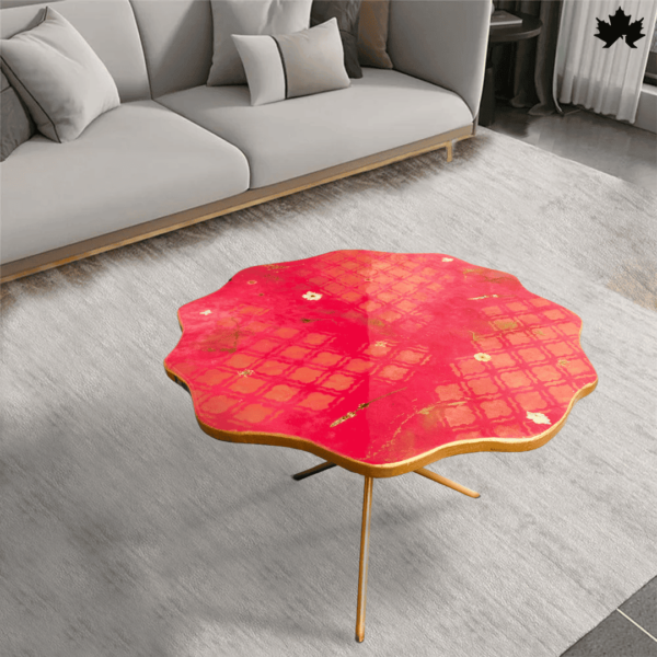 A vibrant pink resin A vibrant pink resin artistic designer coffee table with a unique irregular edge and a golden grid pattern, standing on three sleek, wooden legs. The table is set against a background featuring a playful wallpaper with yellow and gray vertical stripes and leaf patterns, embodying Fankaarlok's flair for combining traditional designs with modern aesthetics. coffee table with a unique irregular edge and a golden grid pattern, standing on three sleek, wooden legs. The table is set against a background featuring a playful wallpaper with yellow and gray vertical stripes and leaf patterns, embodying Fankaarlok's flair for combining traditional designs with modern aesthetics.