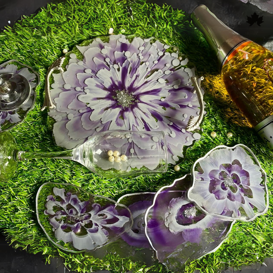 Lavender Bloom - Floral Resin Coaster and Platter Set with Crystal Centerpiece