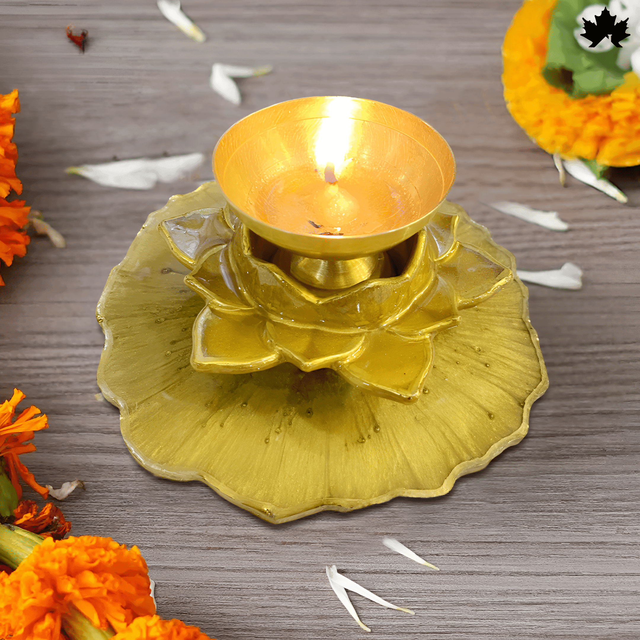 Golden Blossom Diya Holder - Elegant Jyot and Diya Holder for Aarti and Pooja Rituals