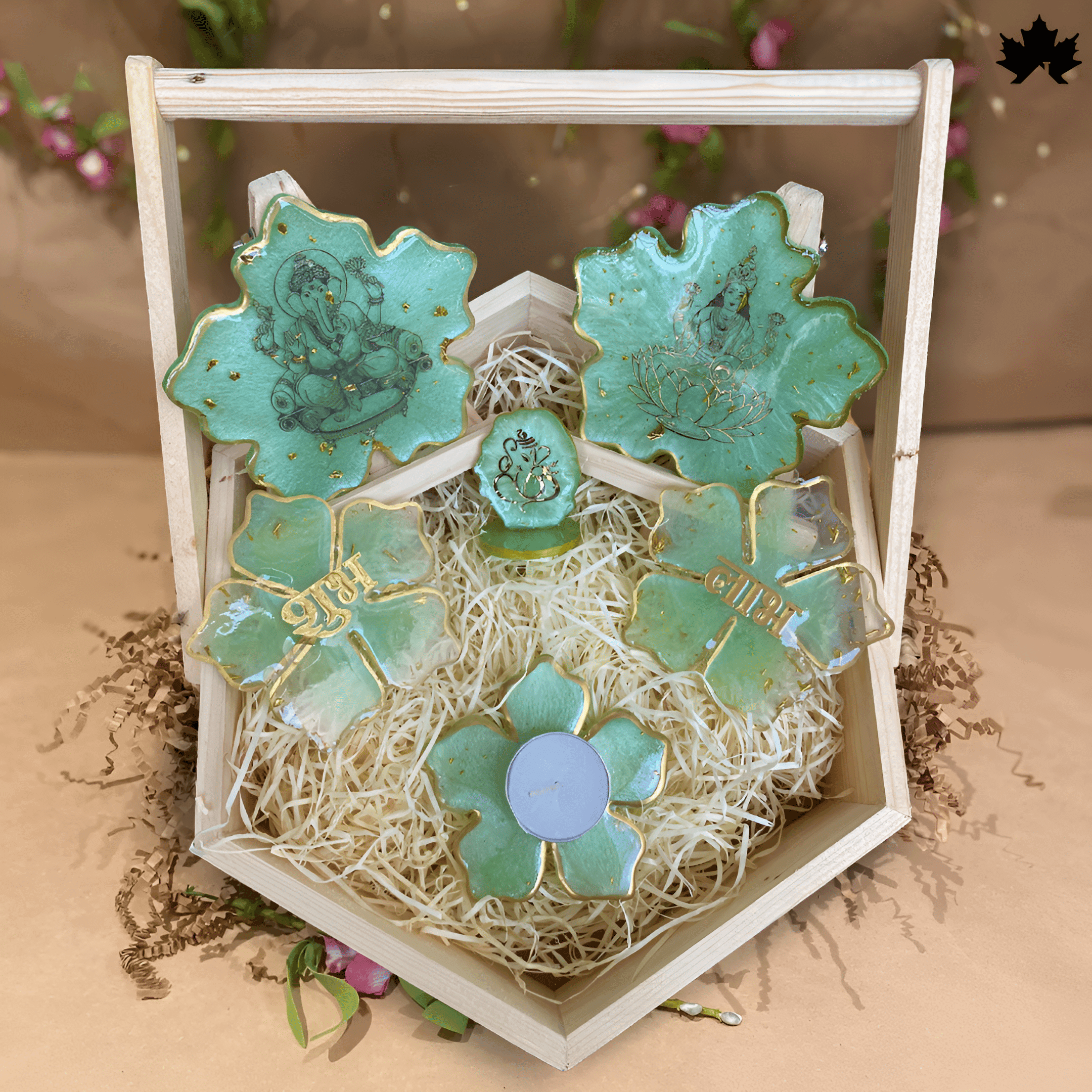 Verdant Blessings Combo Set – Ganesh-Laxmi, Shubh Laabh, Diya Holder & Small Ganesh Ji