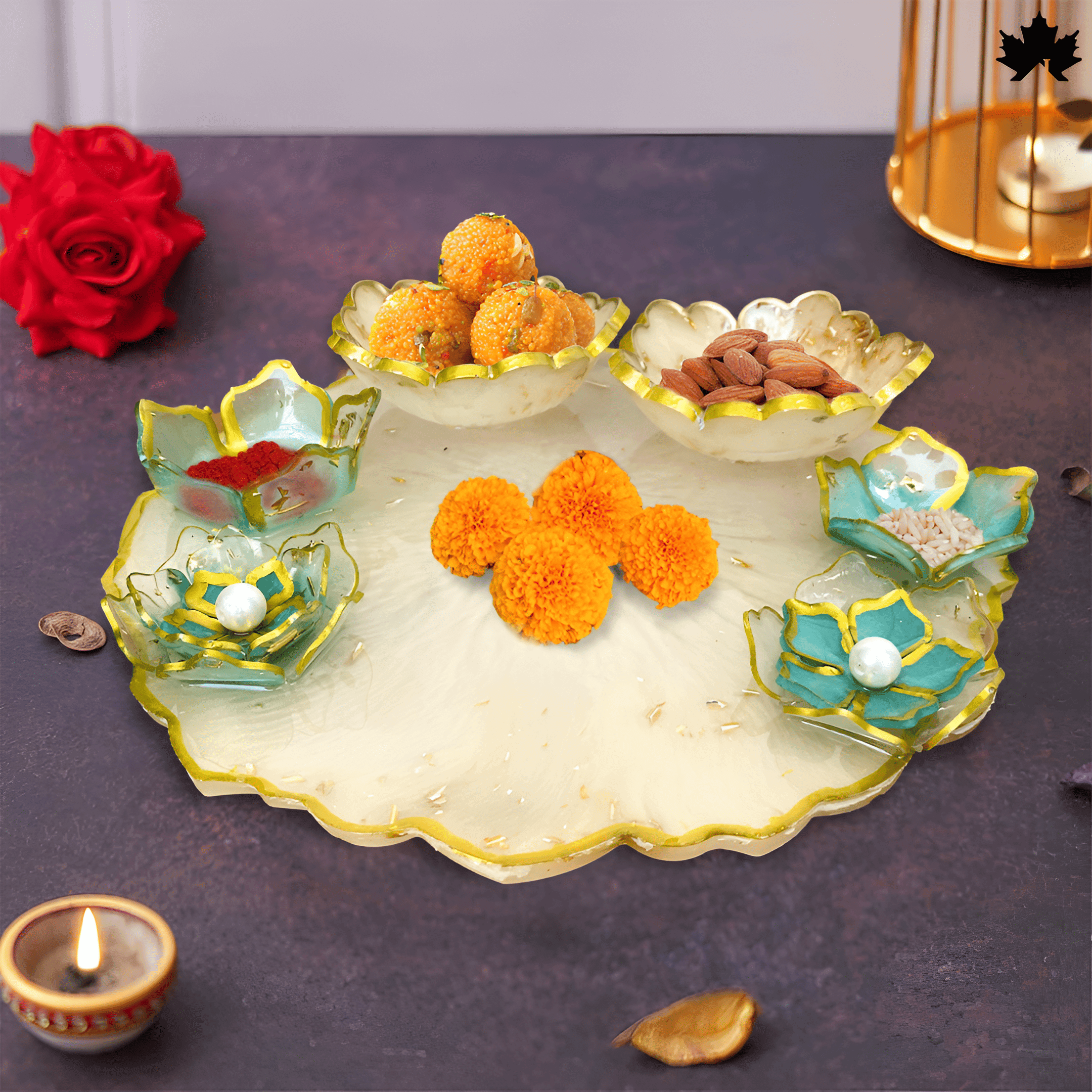 Festive Harmony Pooja Thali Set- 8 Inch with 6 Lotus Bowls