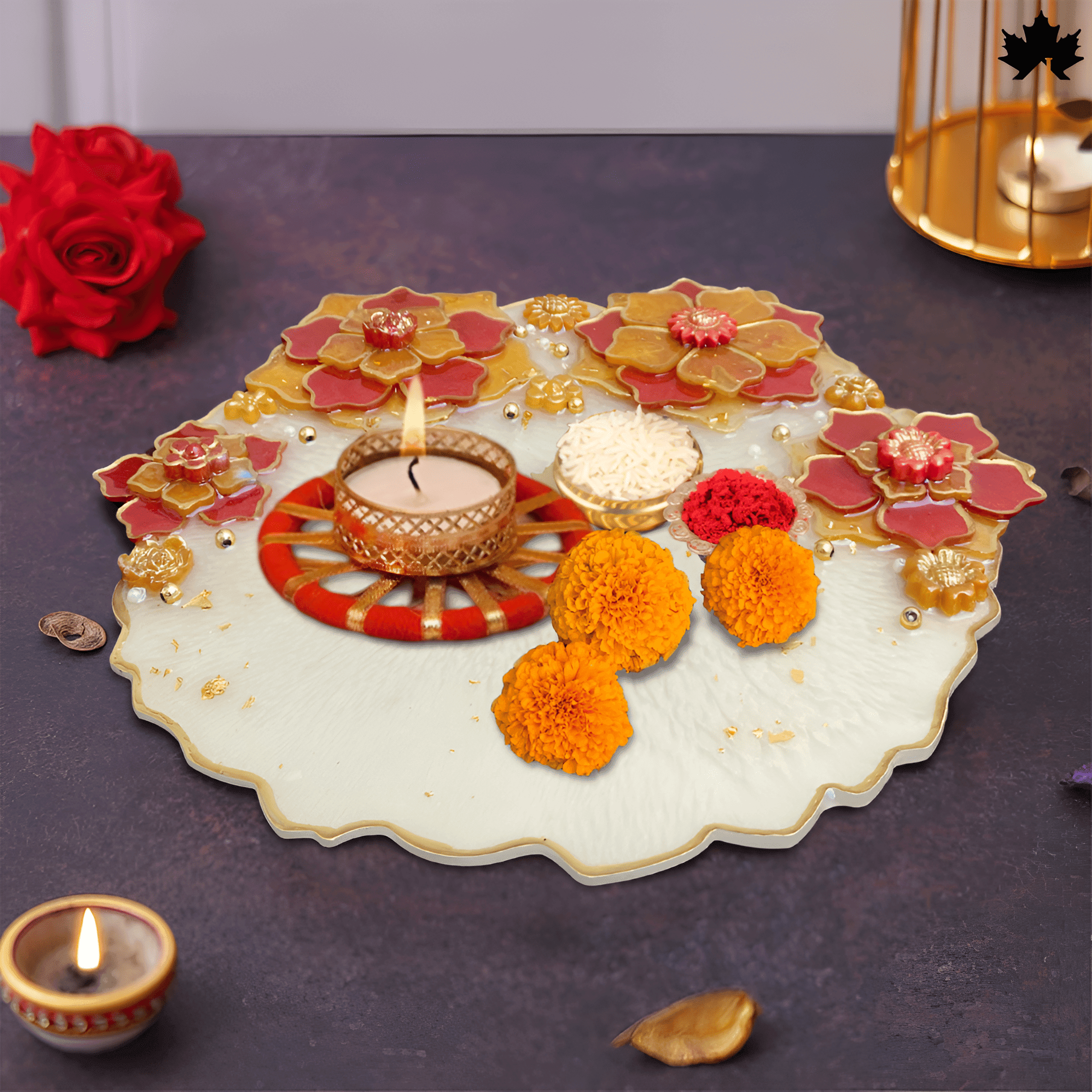 Blossoming Devotion Pooja Thali – Exquisite Ritual Plate"