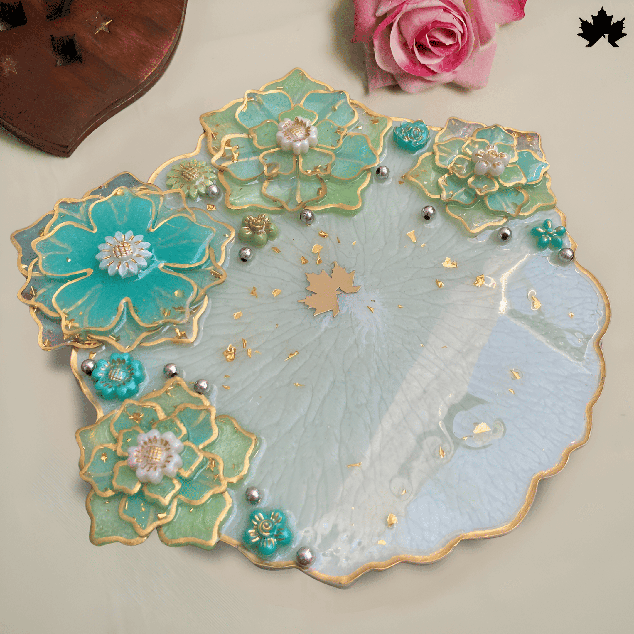 Serene Lotus Pooja Thali – Aqua and Gold Worship Plate
