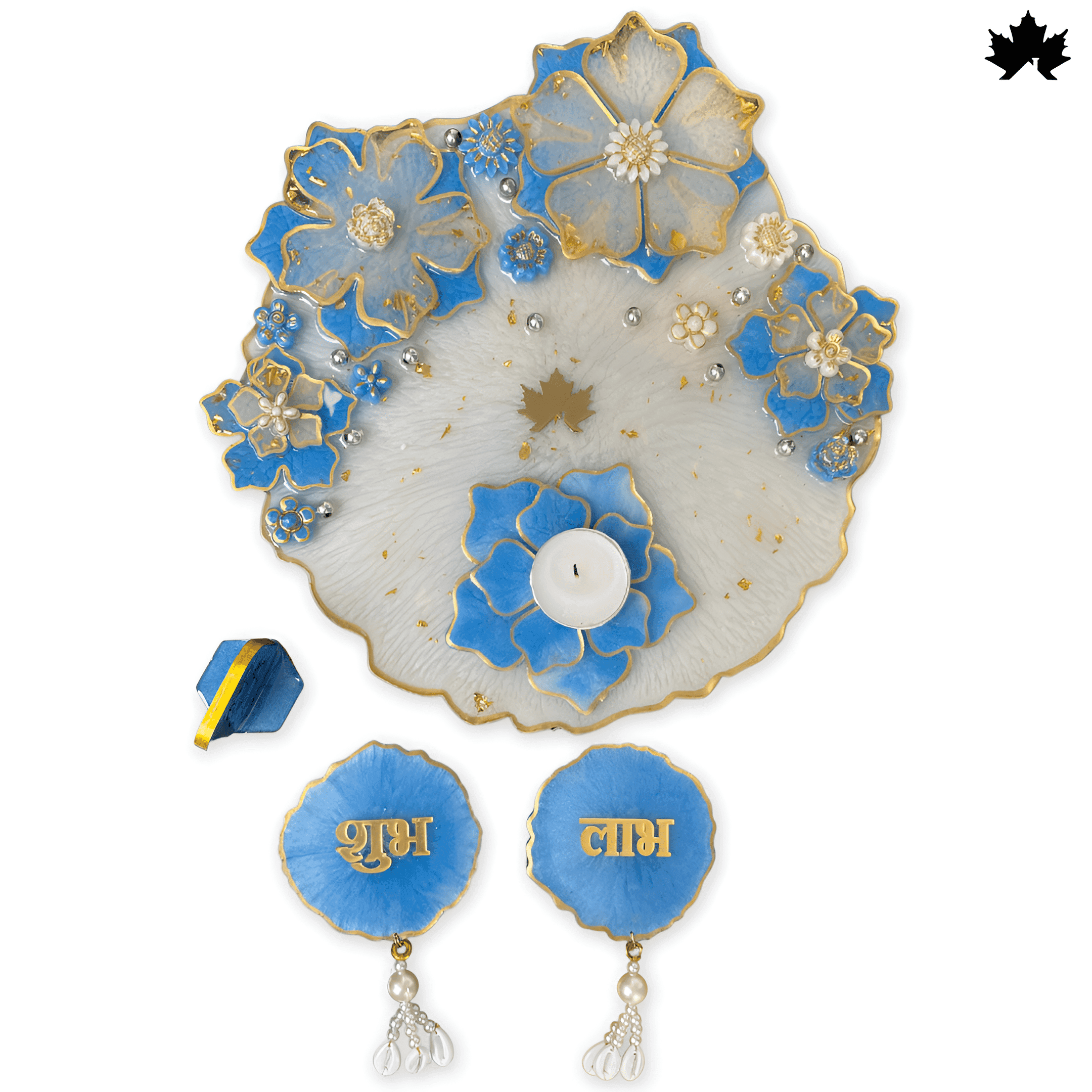 Celestial Blue Devotion Set: Pooja Thali, Shubh Laabh & Diya Holder