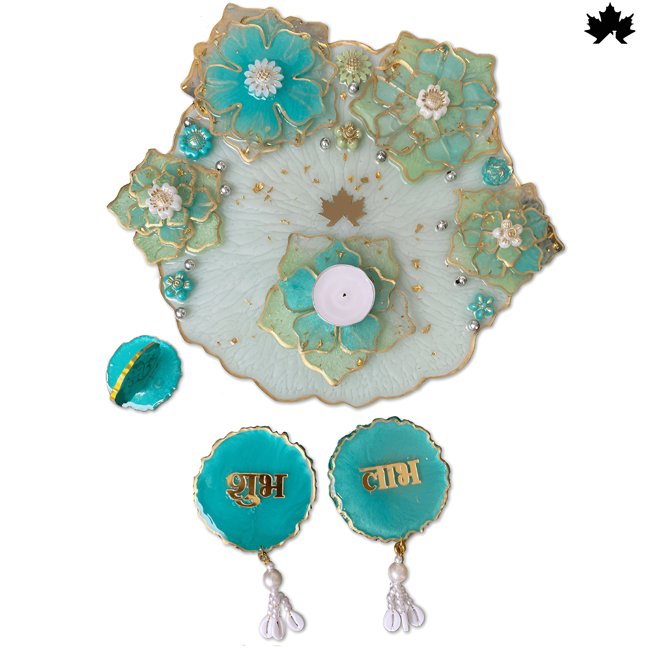 Aqua Serenity Pooja Collection: Pooja Thali, Shubh Laabh & Diya Holder