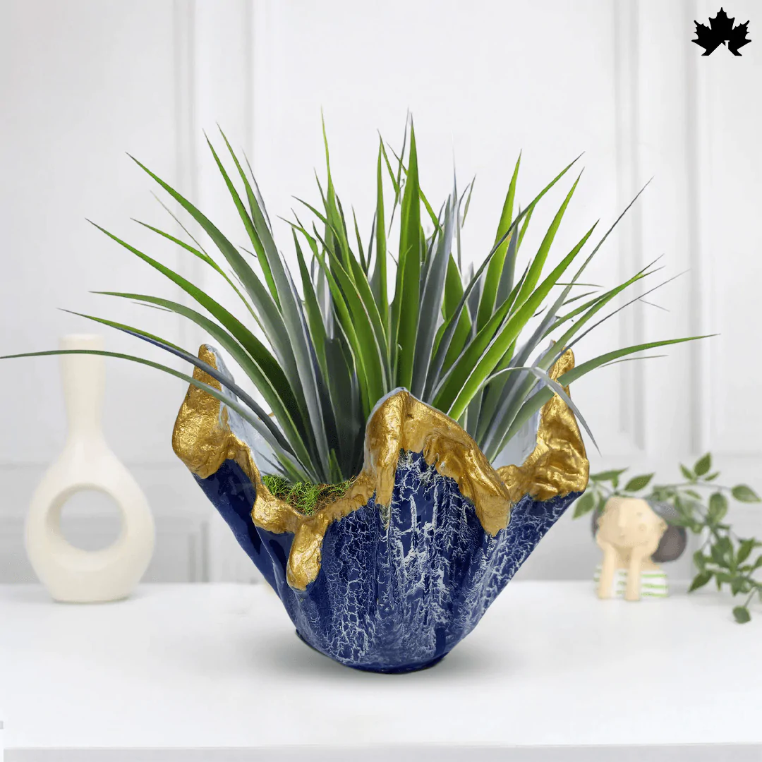 Azure Gold Planter - Elegant Blue Vase with Golden Highlights